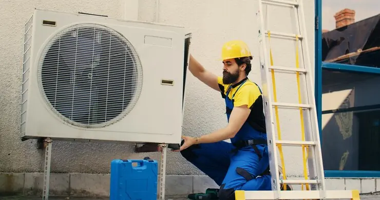 Tehnician care montează blocul exterior al unui aparat de aer condiționat pe peretele clădirii
